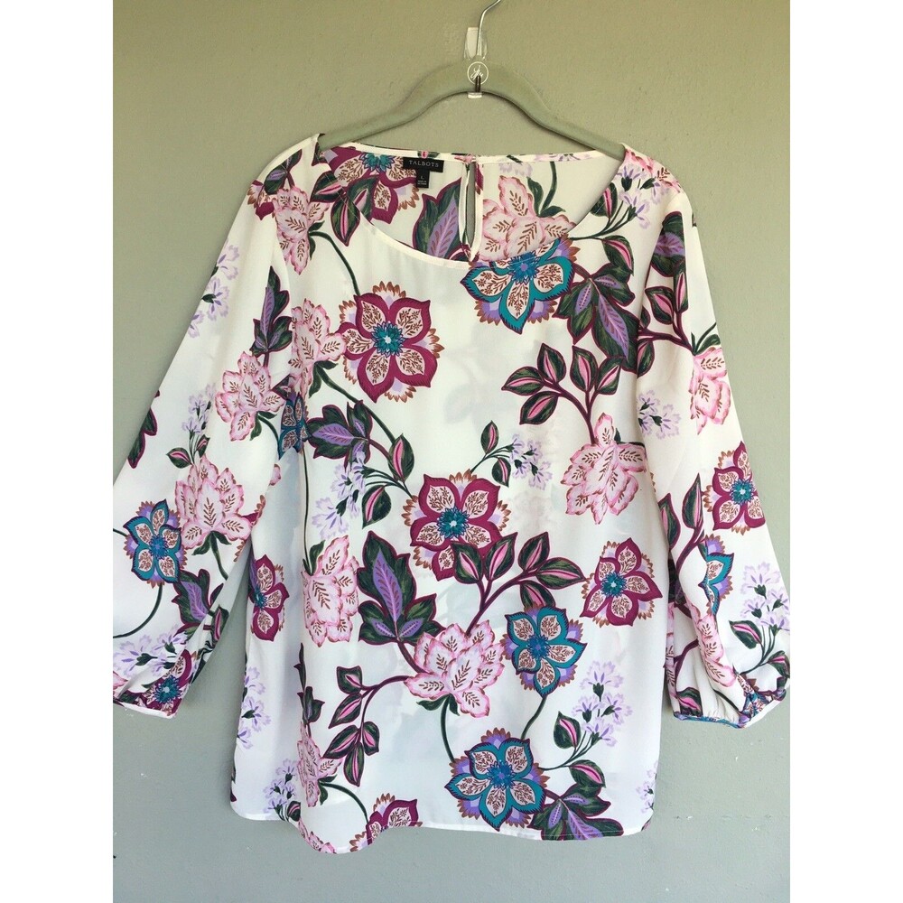 Talbots Floral Blouse L Purple Pink 3/4 Poet Sleeve Popover Cottage Romantic